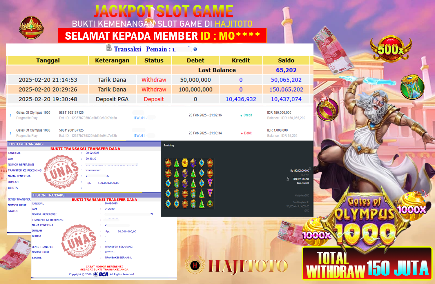 SELAMAT KEPADA PEMENANG MEMBER MERAIH JACKPOT DI GAME SLOT GATE OF OLYMPUS X1000 TOTAL RP 150.000.000 DI BAYAR LUNASss